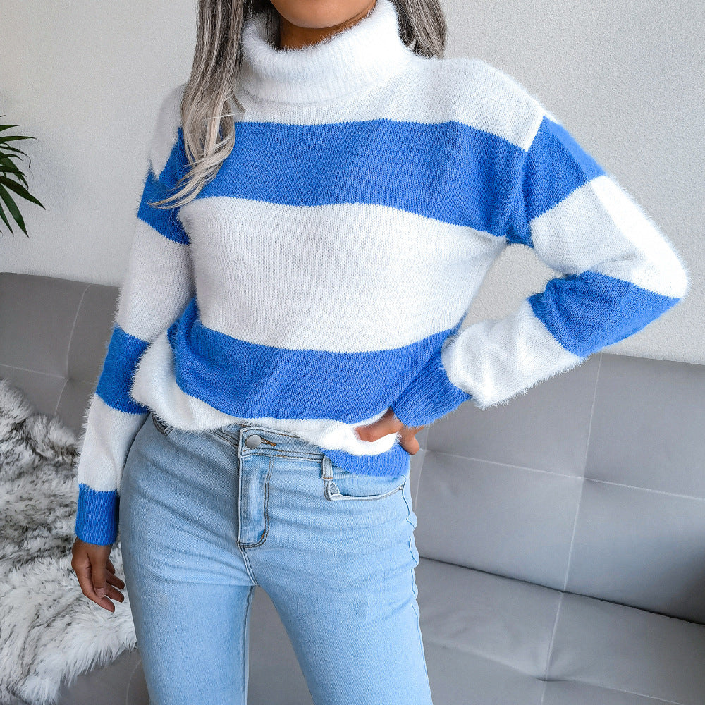 High Neck Long Sleeve Striped Mohair Knitted Jumper