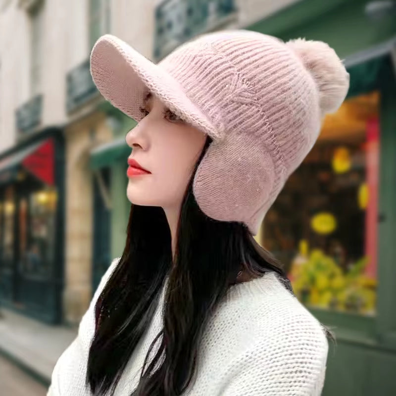 Knitted Earflap Hat Winter Warm for Women'S Solid Color Pompom Ear Protection Baseball Cap Female Outdoor Cycling Earmuff Caps