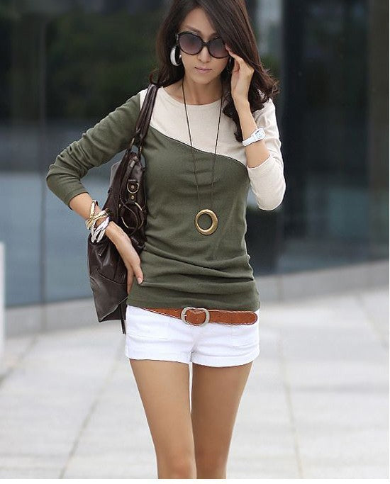 Slim Stitching Round Neck Irregular Long Sleeved T Shirt Women