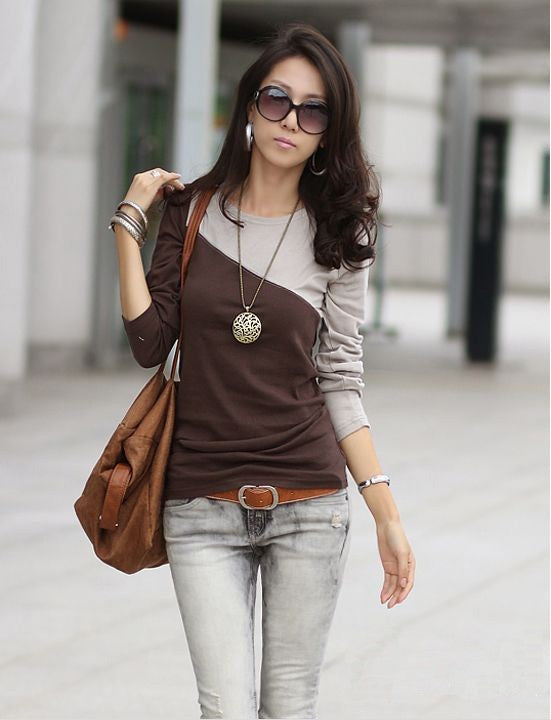 Slim Stitching Round Neck Irregular Long Sleeved T Shirt Women