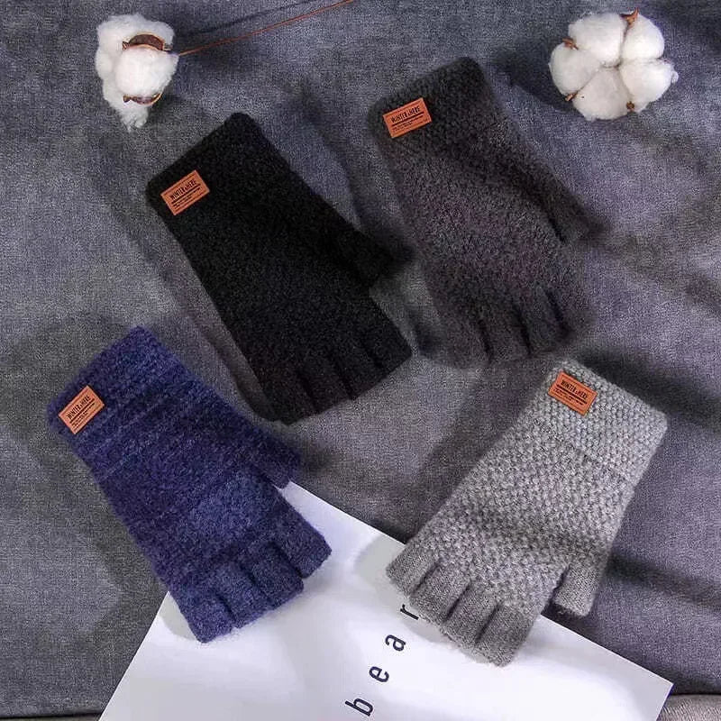 Winter Fingerless Gloves for Men Half Finger Writting Office Knitted Thick Wool Warm Label Thick Elastic Outdoor Driving Gloves