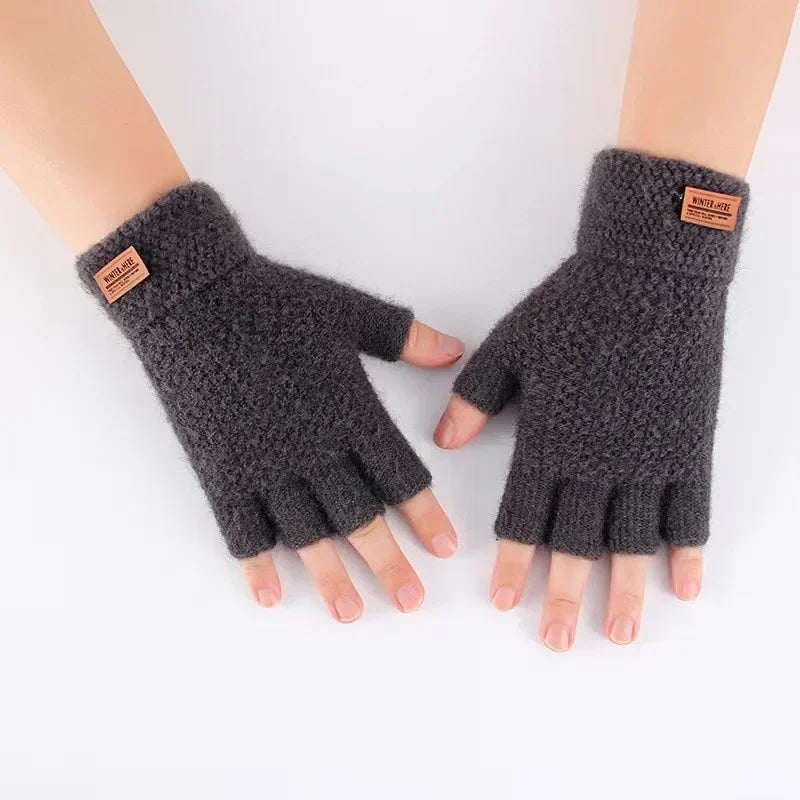 Winter Fingerless Gloves for Men Half Finger Writting Office Knitted Thick Wool Warm Label Thick Elastic Outdoor Driving Gloves