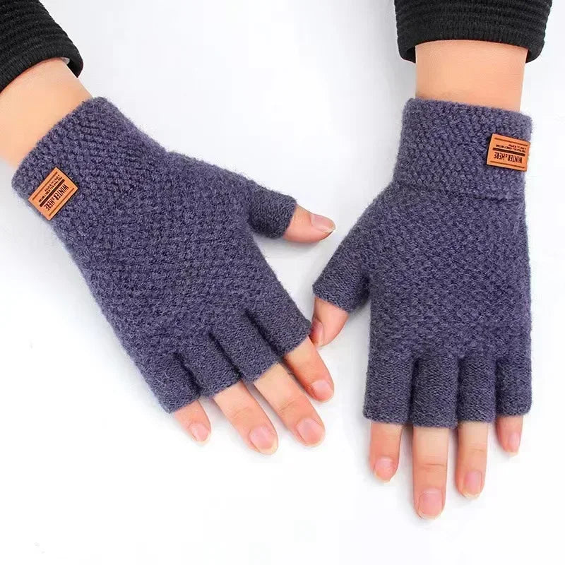 Winter Fingerless Gloves for Men Half Finger Writting Office Knitted Thick Wool Warm Label Thick Elastic Outdoor Driving Gloves