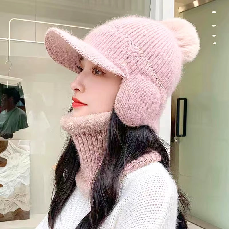 Knitted Earflap Hat Winter Warm for Women'S Solid Color Pompom Ear Protection Baseball Cap Female Outdoor Cycling Earmuff Caps