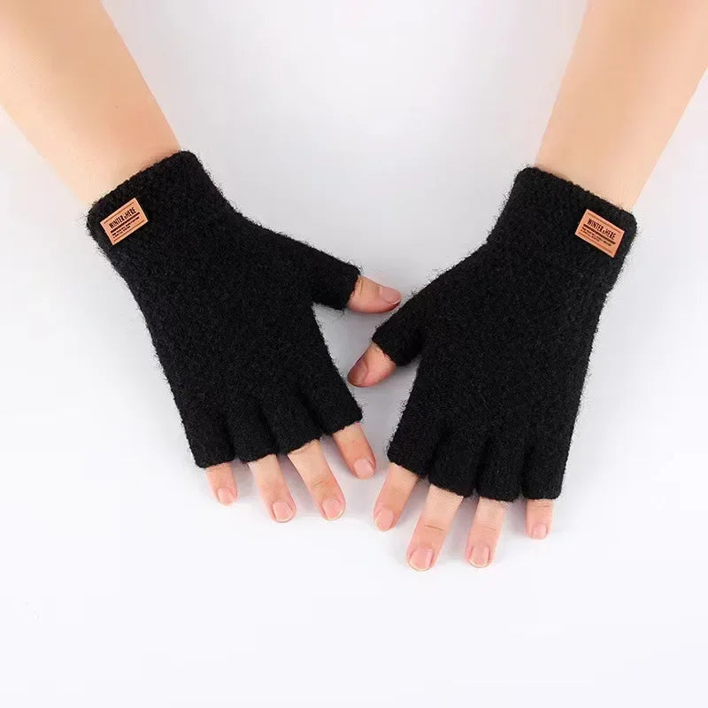 Winter Fingerless Gloves for Men Half Finger Writting Office Knitted Thick Wool Warm Label Thick Elastic Outdoor Driving Gloves