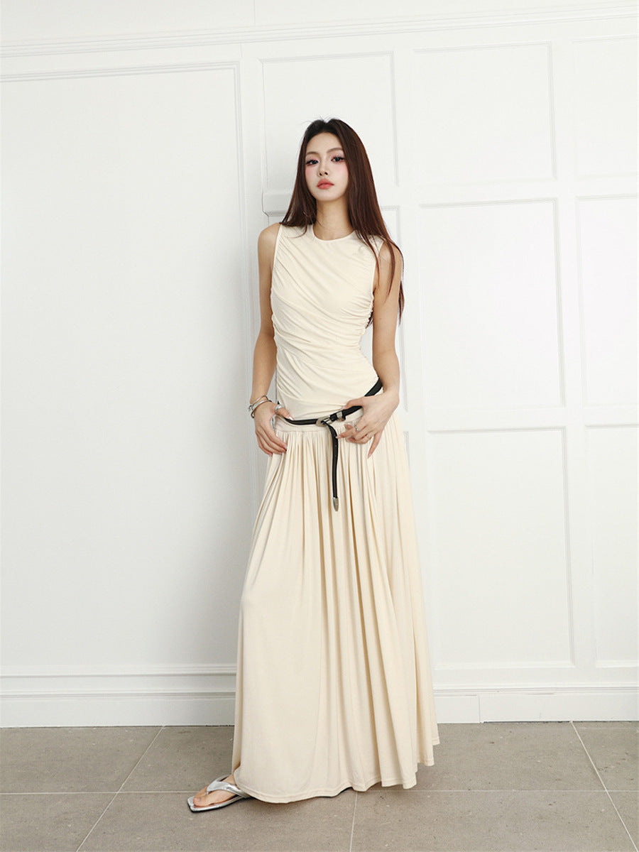 Slimming Pleated Round Neck Sleeveless Long Jumper Dress