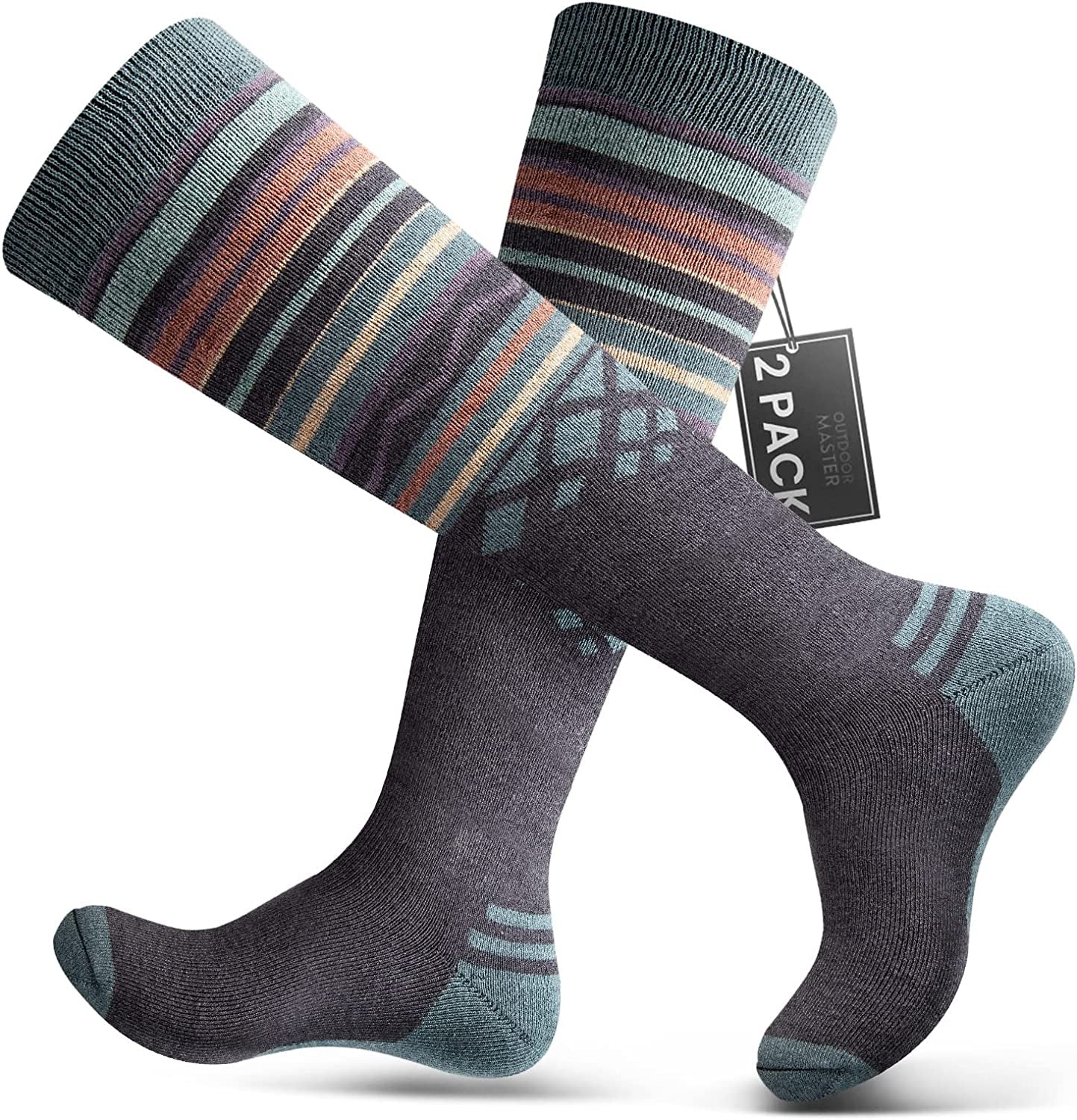 2-Pack Unisex Merino Wool Ski Socks for Men/Women (OTC) Non-Slip Cuff Design,Thermal Socks for Winter, Snowboarding