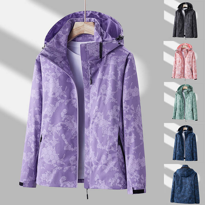 Printed Hooded Windbreaker Unisex Fashion Solid Color Zip-up Jacket Waterproof Windproof Outwear For Women Men Clothing