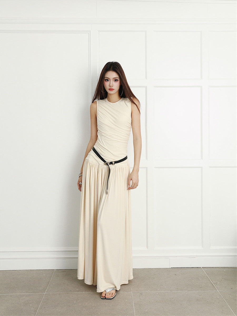 Slimming Pleated Round Neck Sleeveless Long Jumper Dress