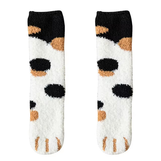 Kawaii Cartoon White Socks for Women Cute 3D Dog Cat Paw Pattern Female Fleece Warm Funny Socks Home Floor Sleeping