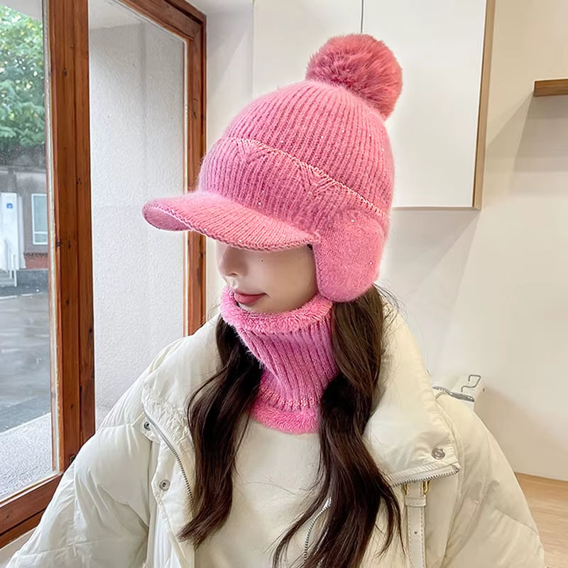 Knitted Earflap Hat Winter Warm for Women'S Solid Color Pompom Ear Protection Baseball Cap Female Outdoor Cycling Earmuff Caps