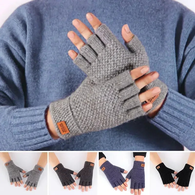 Winter Fingerless Gloves for Men Half Finger Writting Office Knitted Thick Wool Warm Label Thick Elastic Outdoor Driving Gloves