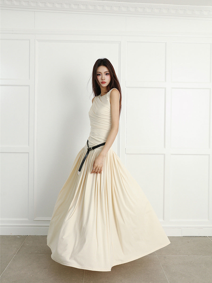 Slimming Pleated Round Neck Sleeveless Long Jumper Dress