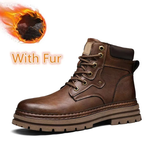 Genuine Leather Ankle Boots Man round Toe Style Outdoor Motorcycle Boots Warm Plush Fur Winter Boots for Men Comfy Walking Shoes