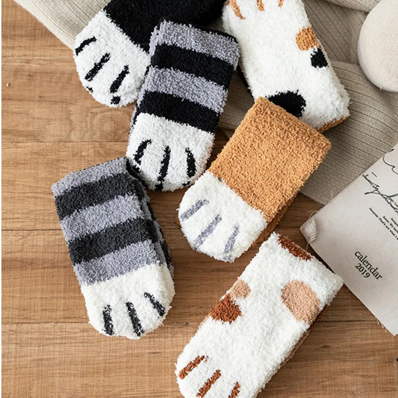 Kawaii Cartoon White Socks for Women Cute 3D Dog Cat Paw Pattern Female Fleece Warm Funny Socks Home Floor Sleeping