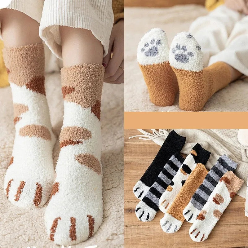 Kawaii Cartoon White Socks for Women Cute 3D Dog Cat Paw Pattern Female Fleece Warm Funny Socks Home Floor Sleeping