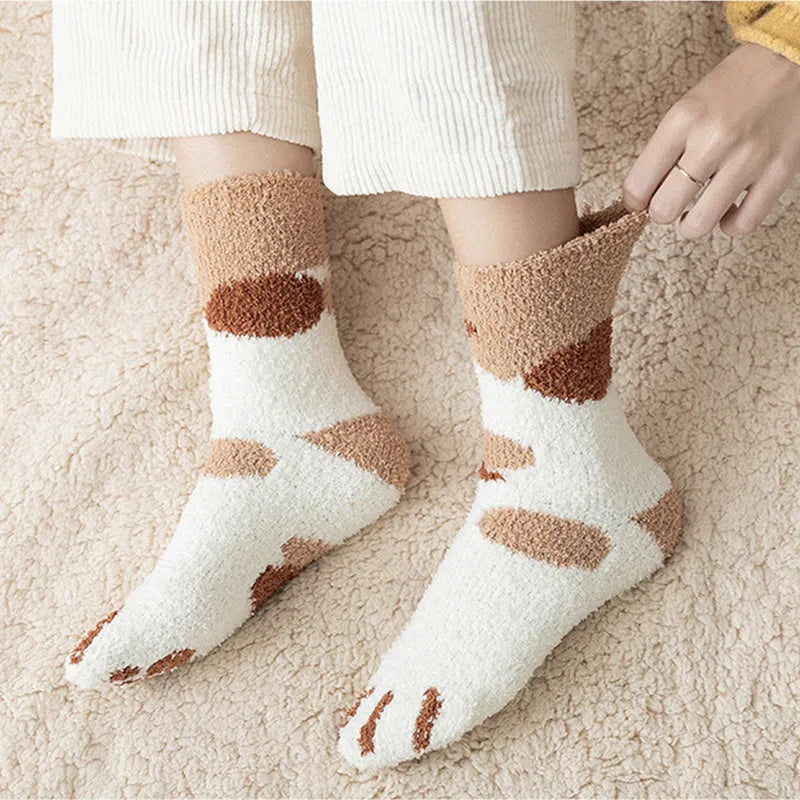 Kawaii Cartoon White Socks for Women Cute 3D Dog Cat Paw Pattern Female Fleece Warm Funny Socks Home Floor Sleeping