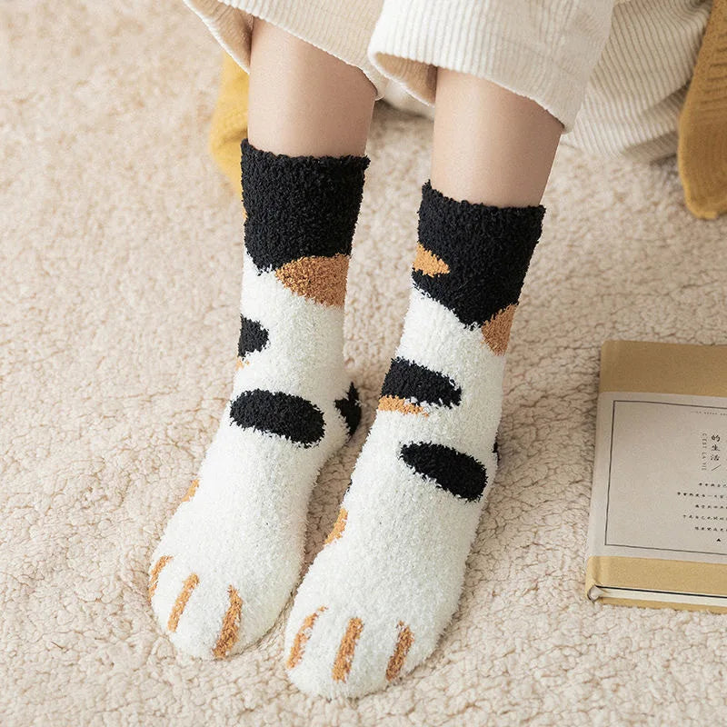 Kawaii Cartoon White Socks for Women Cute 3D Dog Cat Paw Pattern Female Fleece Warm Funny Socks Home Floor Sleeping