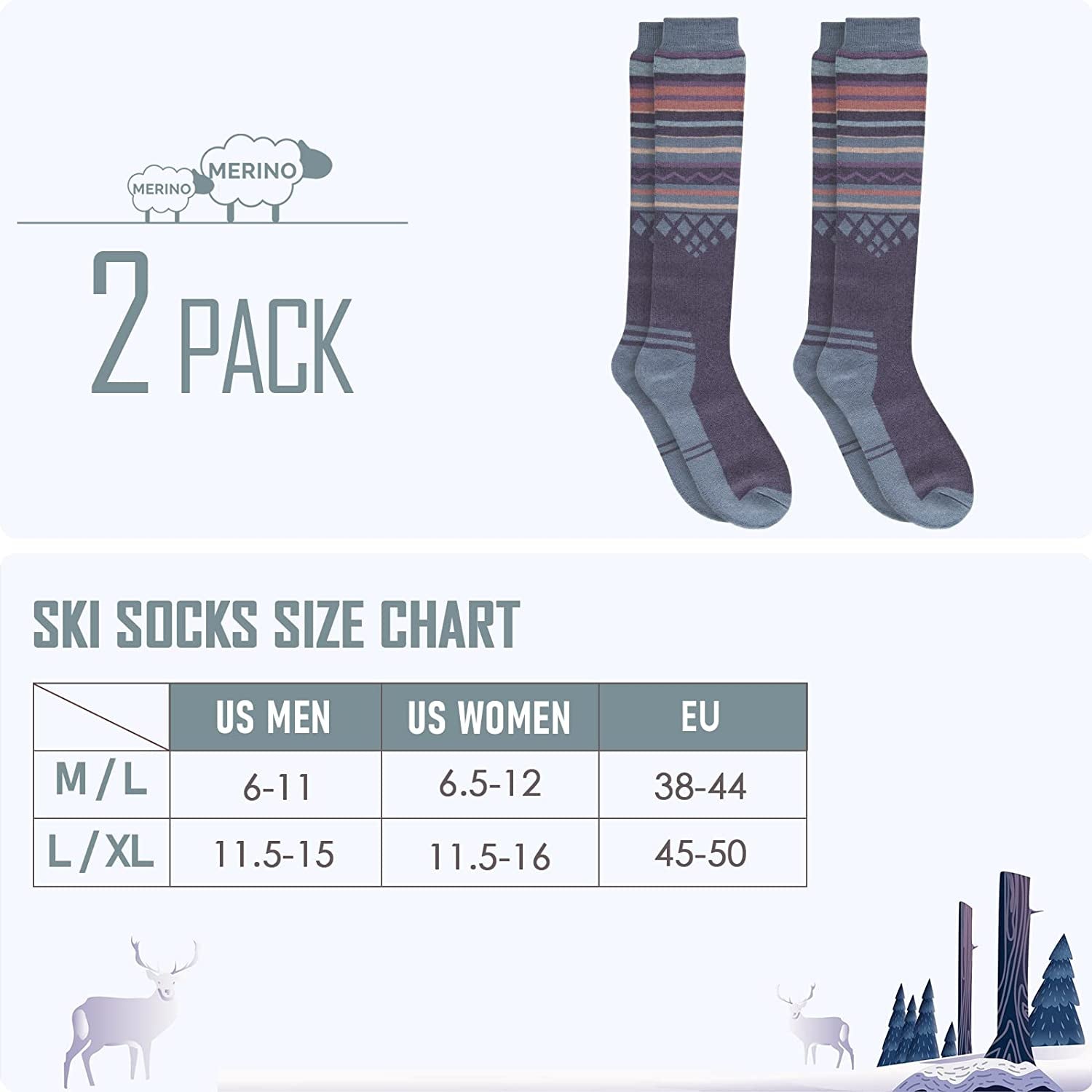 2-Pack Unisex Merino Wool Ski Socks for Men/Women (OTC) Non-Slip Cuff Design,Thermal Socks for Winter, Snowboarding