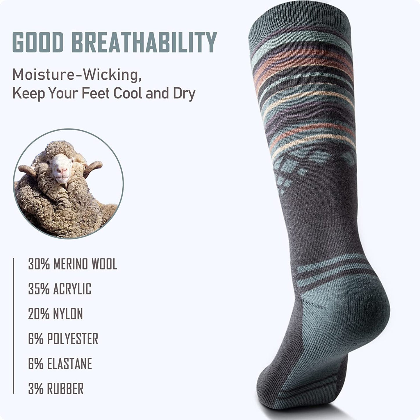 2-Pack Unisex Merino Wool Ski Socks for Men/Women (OTC) Non-Slip Cuff Design,Thermal Socks for Winter, Snowboarding