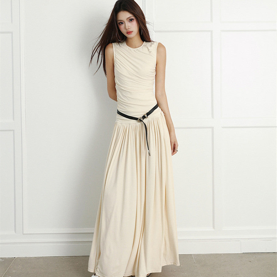 Slimming Pleated Round Neck Sleeveless Long Jumper Dress