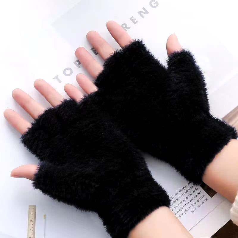 Women Men Half Finger Winter Imitation Mink Cashmere Gloves Touch Screen Writing Woolen Warm Mittens for Driving Outdoor Sports