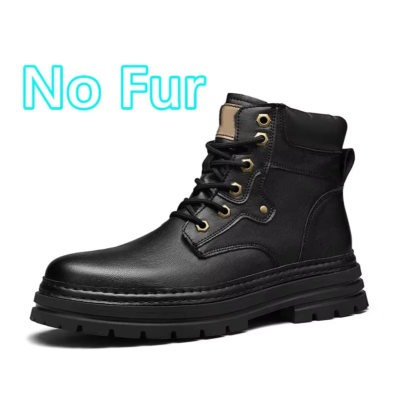 Genuine Leather Ankle Boots Man round Toe Style Outdoor Motorcycle Boots Warm Plush Fur Winter Boots for Men Comfy Walking Shoes