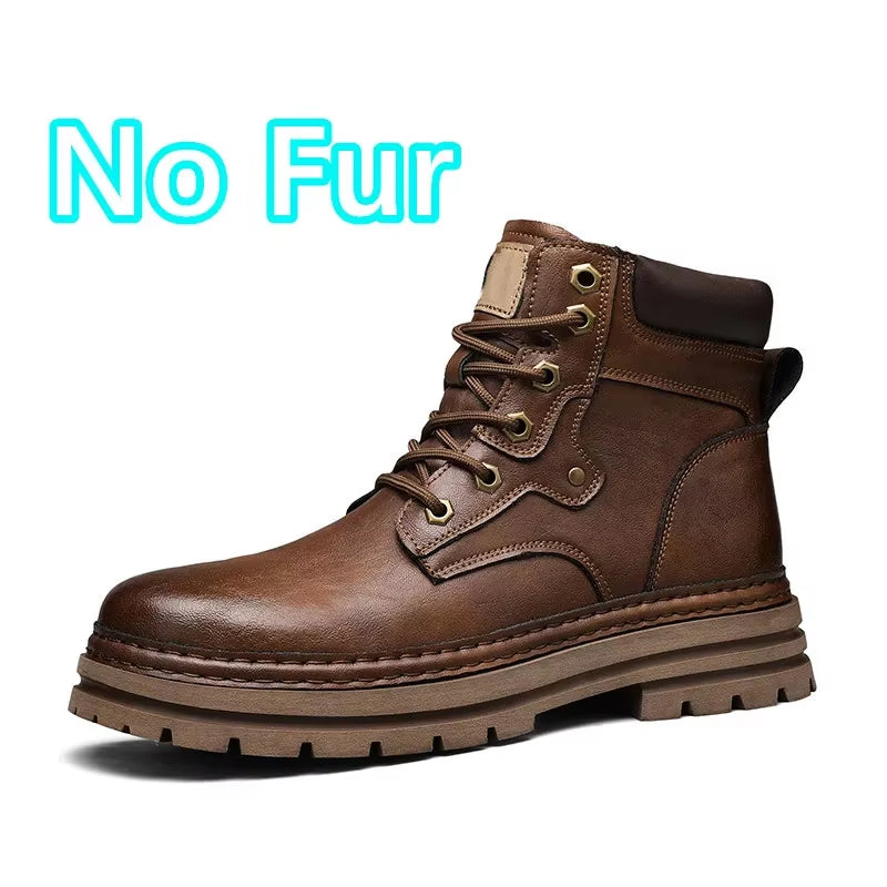 Genuine Leather Ankle Boots Man round Toe Style Outdoor Motorcycle Boots Warm Plush Fur Winter Boots for Men Comfy Walking Shoes